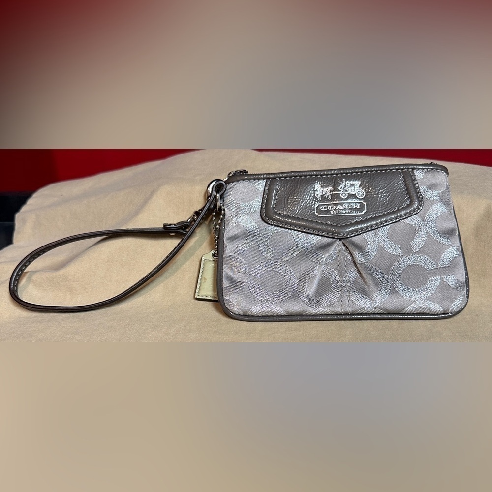 Coach Gray & Silver Metallic Wristlet Signature Canvas Logo Design 4”x6”